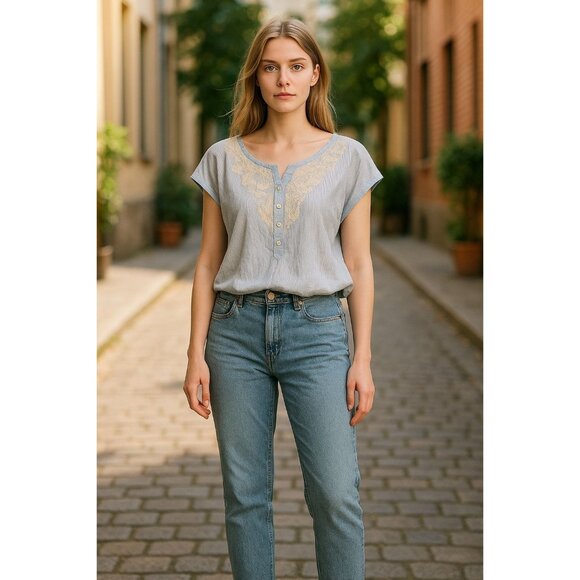Loft Womens Cap Sleeve Blouse With Embroidered Front Button Placket Blue Size M - Picture 1 of 9